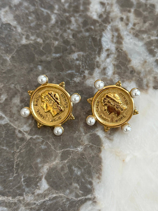 Pearl Coin Stud Earrings